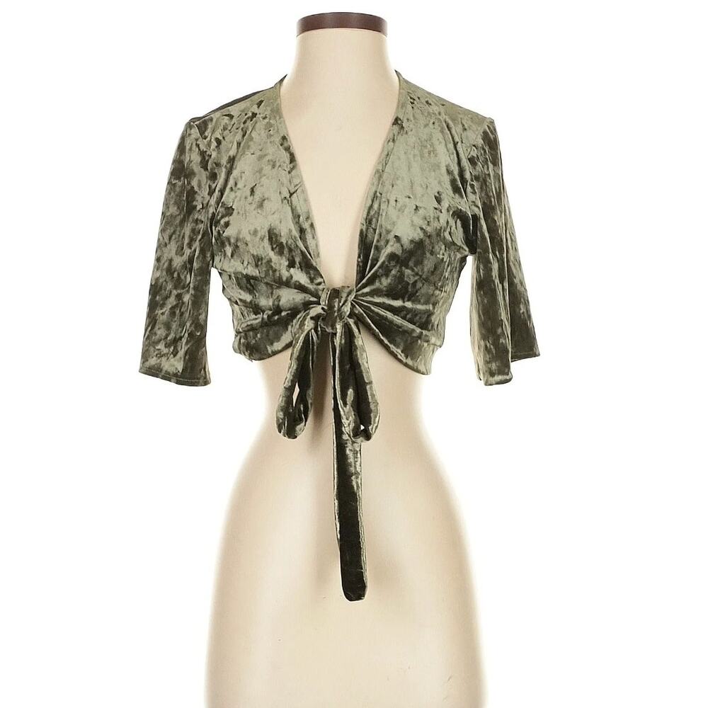 Don’t Ask Why Velvet Crop Top Womens One Size Green Tie Front Boho Festival